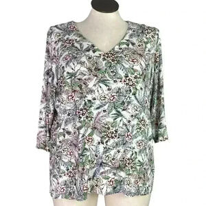 J Jill Top Shirt Womens XL White Multi Floral Stretch Wearever Collection Tunic